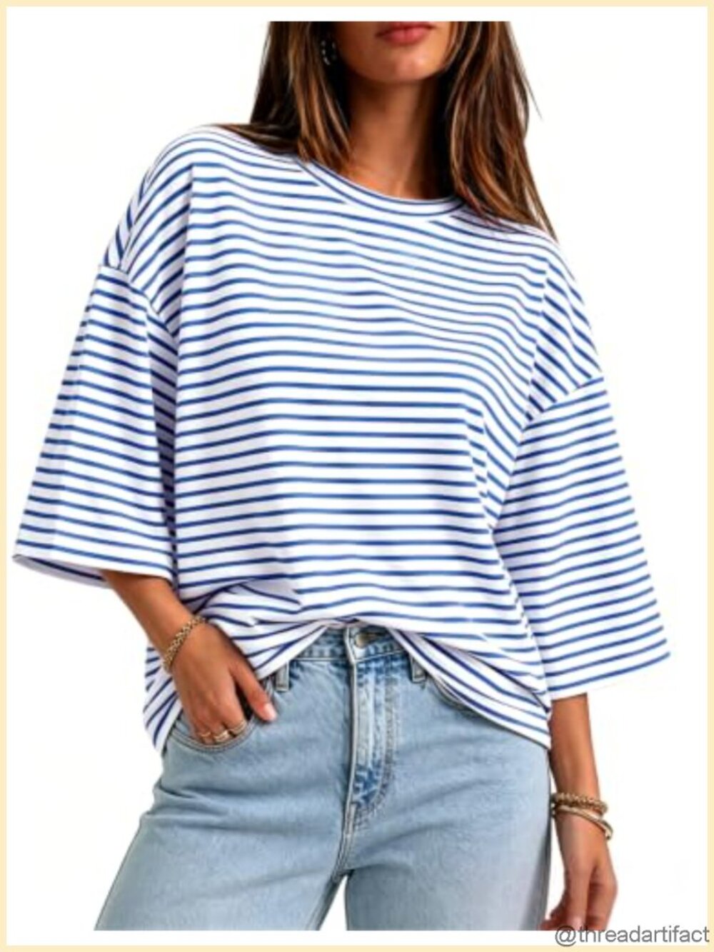 Oversized Striped 3/4 Sleeve Crew Neck Casual Blouse Top
